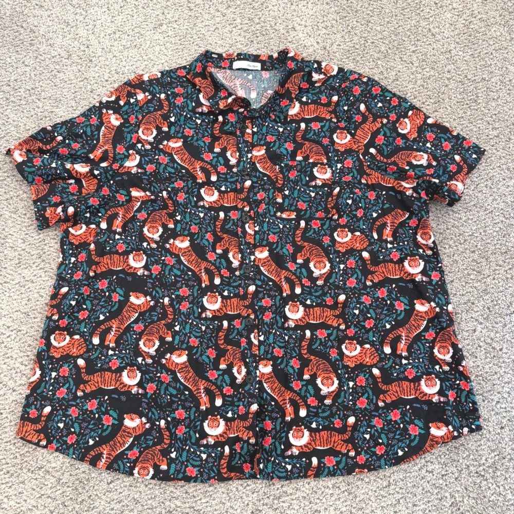 Eva Rose Womens Tiger Floral Print Short Sleeve Button Down Shirt Black XL